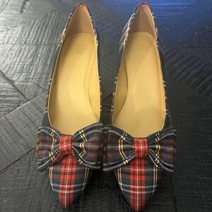 J. Crew Esme Plaid Tartan Kitten Heel Pumps W/ Bow Black & Red Size 7 EUC
